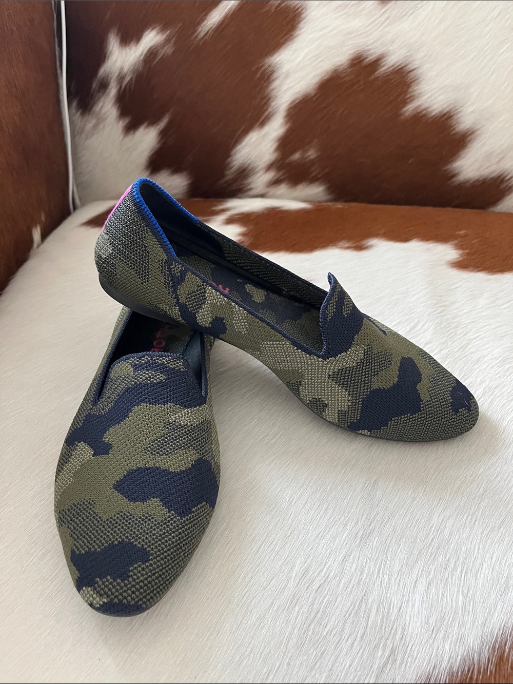Rothy's Almond toe, Camo Knit Slip-On Loafers in greens & blue